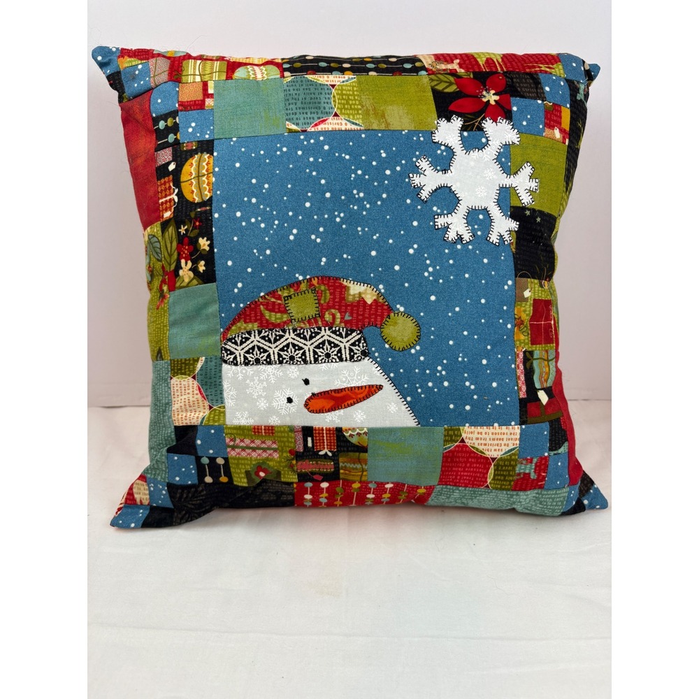 Handmade Quilted Snowman Patchwork Pillow Cover 14x14 Christmas Holiday Folk Art